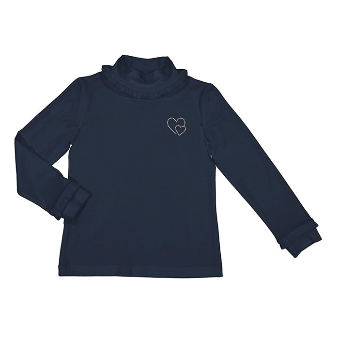 Navy Blue Long Sleeve Viscose Top w/ Rhinestone Hearts
