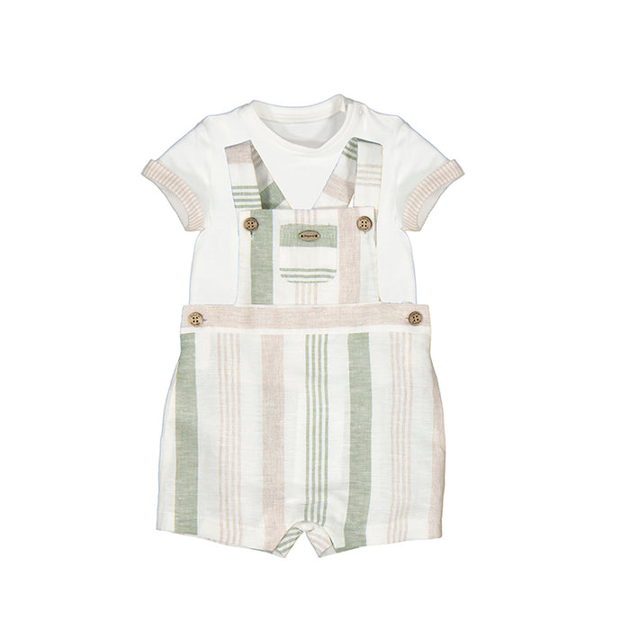 Sage Green & Beige Striped Short Overalls 2pc Set