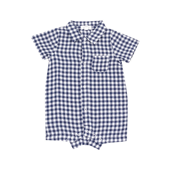 Navy Gingham Button Down Polo Shortie Romper