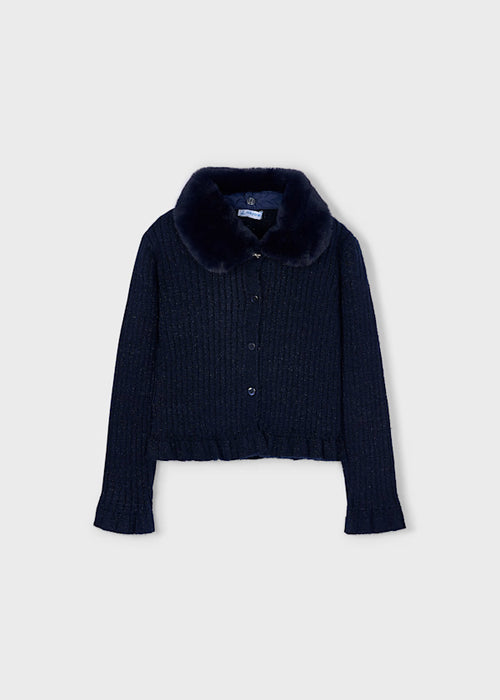 Navy Faux Fur Collar Cardigan