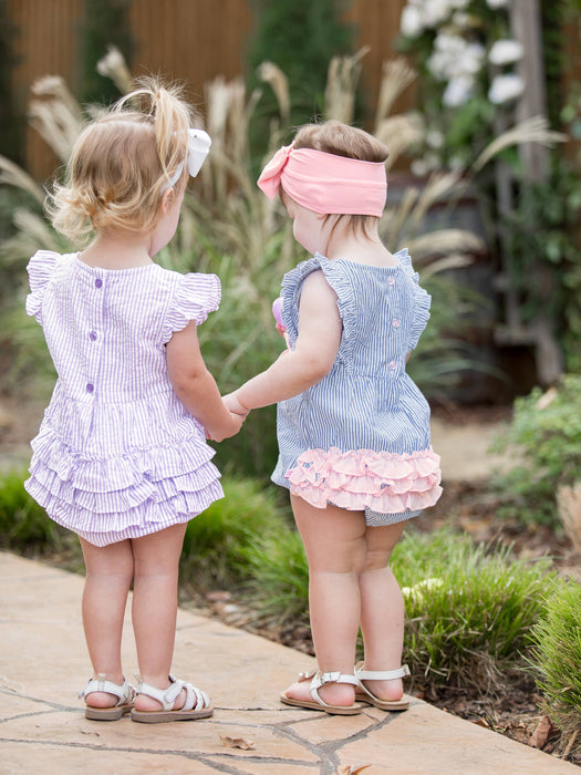 Rufflebutts Lavender Seersucker Sleeveless Waist Ruffle Bubble Romper: Purple