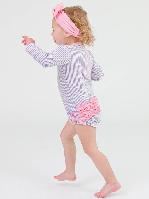 Rufflebutts Lavender Seersucker Long Sleeve One Piece Rash Guard: Purple