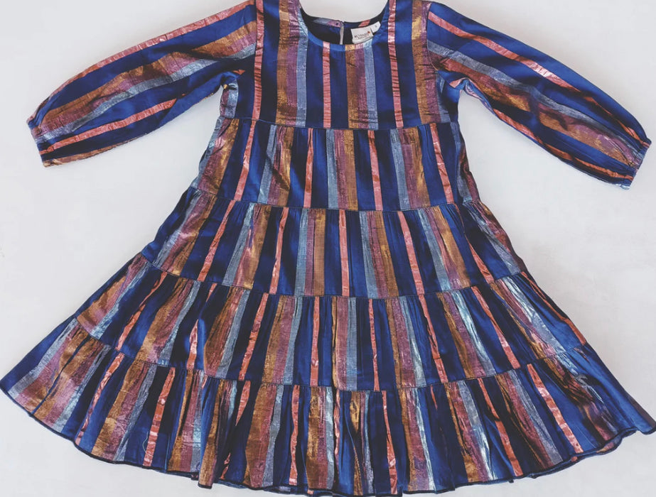 Holiday Shimmer Navy Striped Peasant Sleeve Ruffled Dress