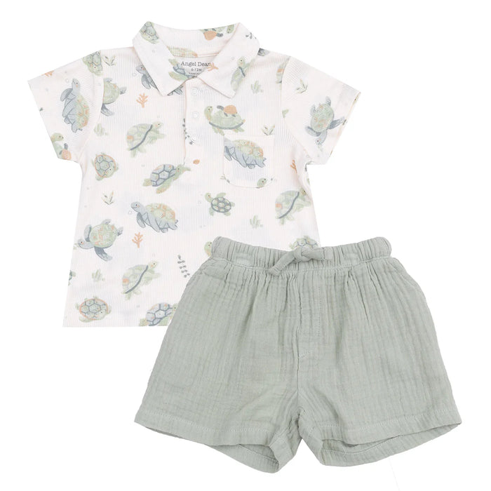 Beige Sea Turtle Polo Shirt & Short Set