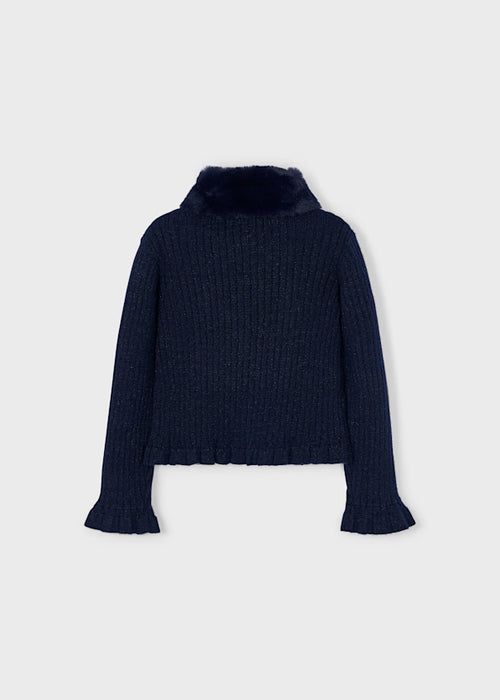 Navy Faux Fur Collar Cardigan