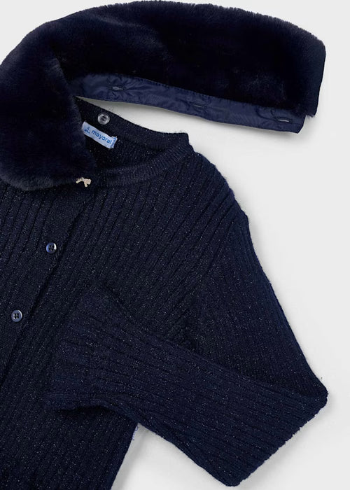 Navy Faux Fur Collar Cardigan