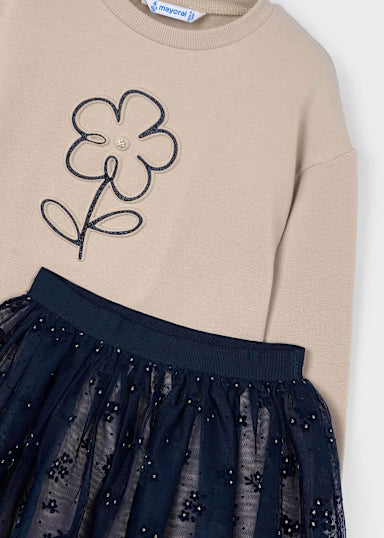 Tan Flower Pullover and Tulle Skirt Set
